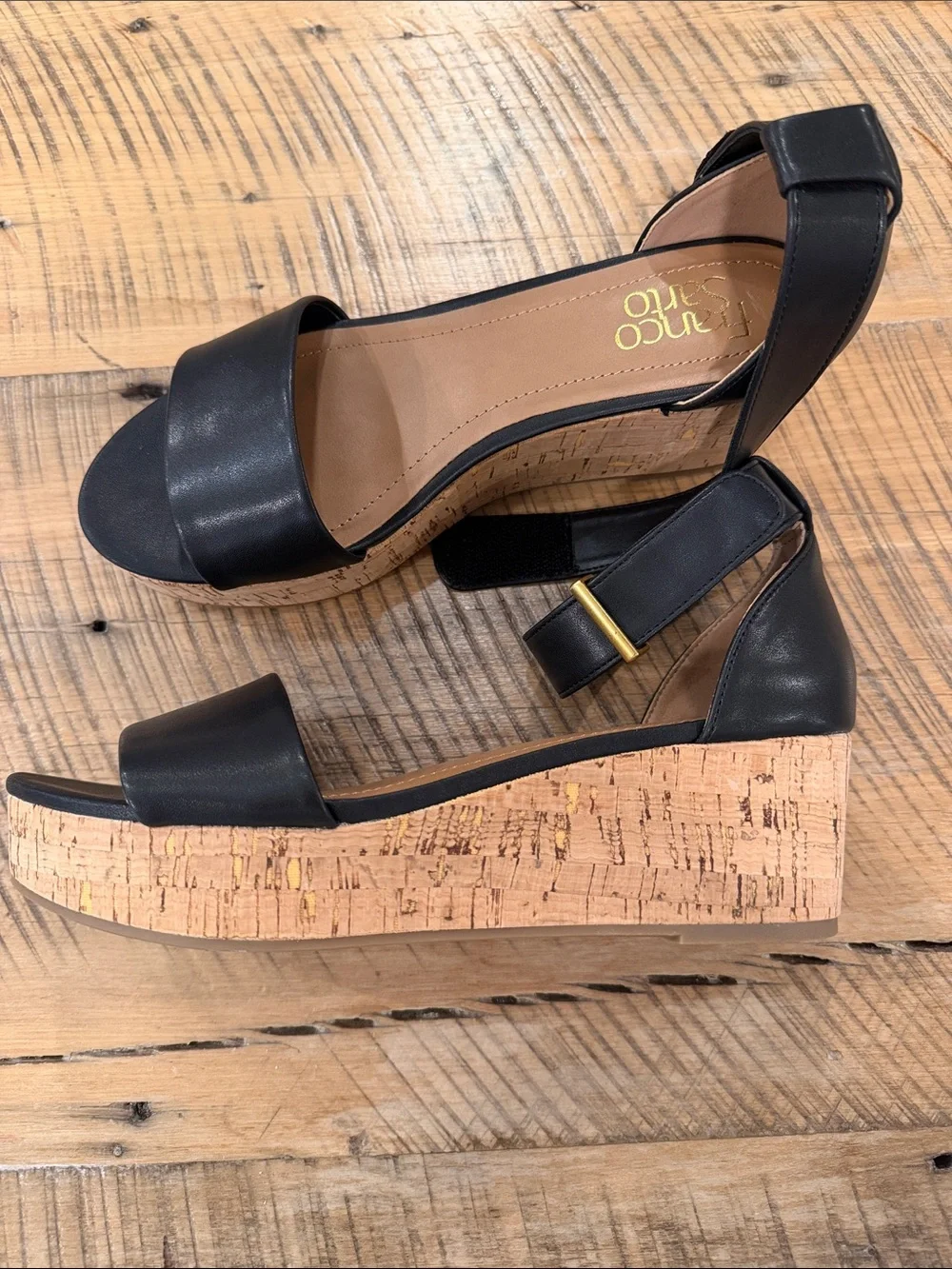 Franco Sarto faux Leather Black Wedge Sandals with Ankle Strap
